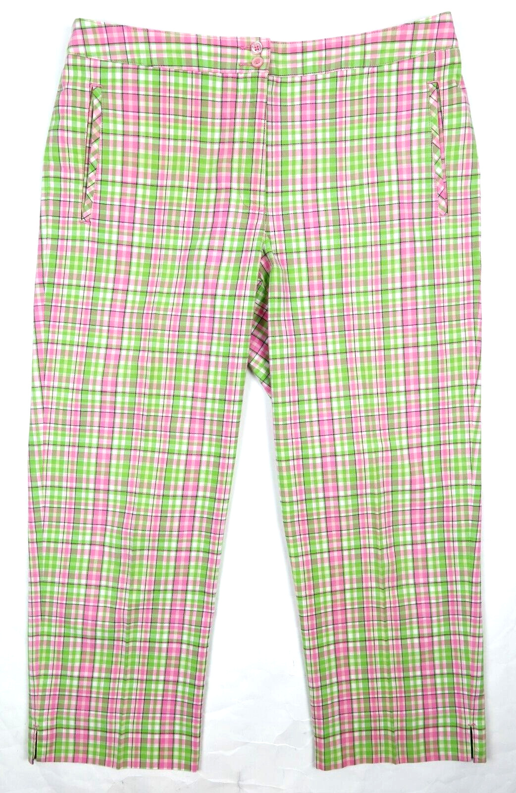 Liz Golf Audra Plaid Stretch Cotton Ankle Pants Pink Green Size 12