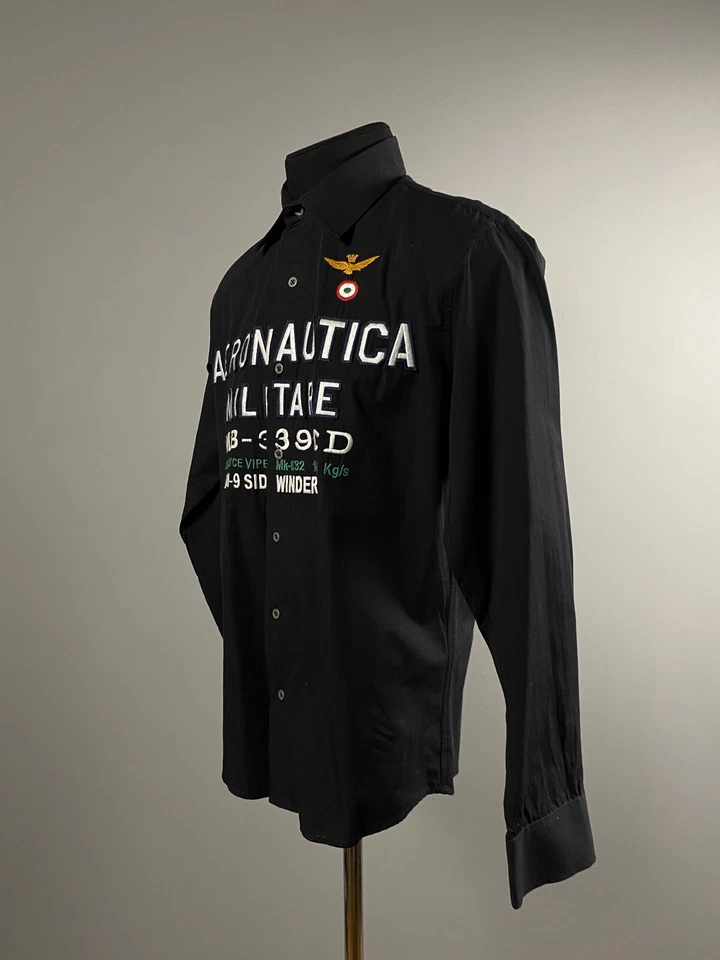 Camisa Aeronautica Militare Para Hombres Negra Bordada Logo Grande Abotonada Talla L Foto 3 de 4
