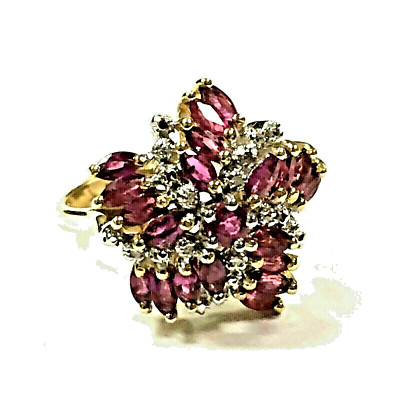 THL Samuel Aaron 14K massiver Gelbgold Ring mit natürlichen Diamanten & Rubin Größe 8 