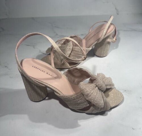 Loeffler Randall Kamelie cremefarben glitzerndes Netz plissiert Stoff Heels Damengröße 10 - Bild 3 von 9