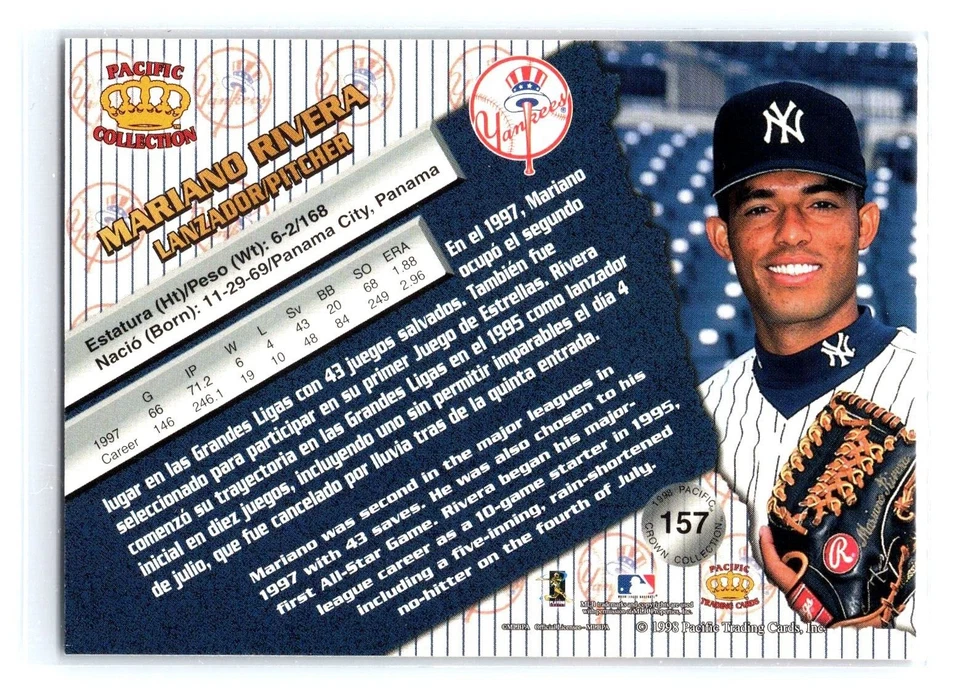 1998 Pacific Crown Collection #157 Mariano Rivera New York Yankees - Image 2 of 2