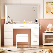 43"/46" Vanity Desk Stool Makeup Table LED Light Mirror w/ Power Outlet Drawers