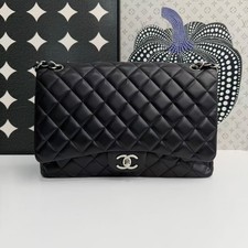 Chanel Black Lambskin CF Jumbo Maxi Classic Flap Shoulder Crossbody Bag SilverHW