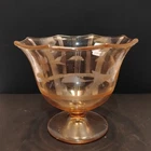 vintage pink depression glass with an etched floral pattern.