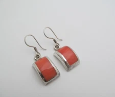 925 Sterling Silver Taxco Mexico Coral Pink Curved Stone Dangle Earrings