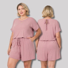 1X 2X 3X Plus Size Women's Romper Elastic Waist Short Sleeve Top Side Pockets