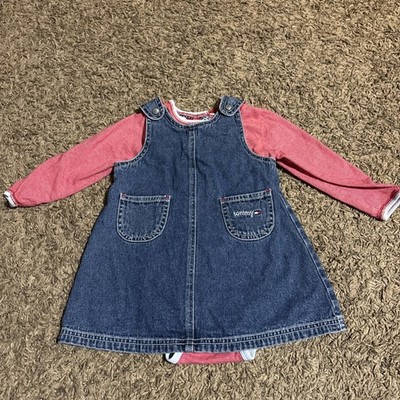 Girls Vintage Tommy Hilfiger Denim Jumper Dress & Shirt 2 Piece 18-24 Months Y2K