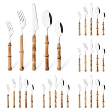 30PCS Silverware Set for 6, Bamboo Handle Flatware Set, Stainless Steel Cutle...