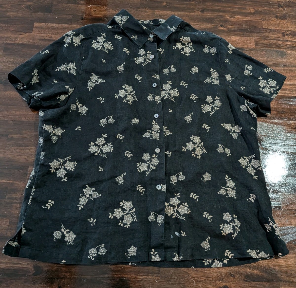 100% Linen Goth Floral Black Cottage Fairy Core Women Sz L Button Up Shirt Marsh