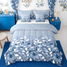 Vintage Floral 7 Piece Bedding Set Queen Size Blue Botanical Comforter Set with