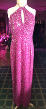 Vtg SCALA 100% Silk Dress Sz XL Halter Maxi Sequin Beaded HOCO Prom Formal Party
