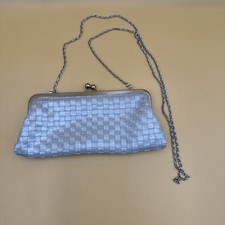 Vtg Jessica McClintock Evening Bag Framed Kiss Lock Silver Faux Weave Chain