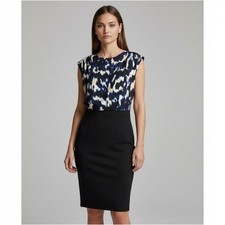 🌻NEW w/tag Tahari Draped Mock Neck Midi Sheath Dress Black/Blue Abstract Size M