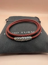 David Yurman Sterling Silver Leather Chevron Triple Red Wrap Bracelet  Medium