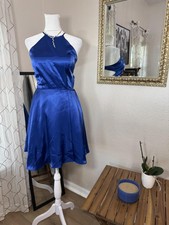 Blondie Nites Party Dress Womens Small Sexy Royal Blue Satin Halter Open Back