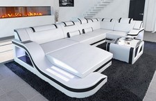 Sofa Leder Wohnlandschaft Palermo U LED Luxus Couch Schlaffunktion Weiß Schwarz