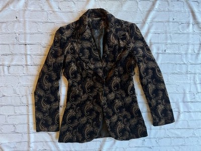 Vintage 1980s Ellen Tracy Paisley Heritage Velvet Equestrian Dark Blazer Small