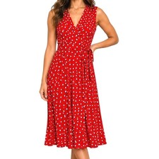 Leota Women Red Polka Dot Faux Wrap Belted Knee Length Dress 2L cottagecore