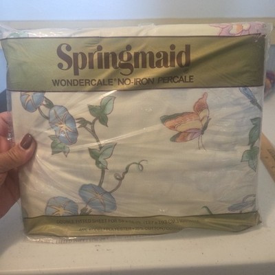 Springmaid Wondercale Floral Double Flat Sheet Blue Forget Me Not Butterfly USA