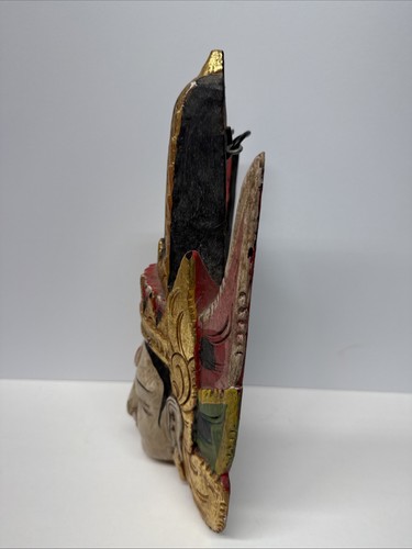 Masque indonésien bois sculpté Dewi Sinta dieu Rama Bali coloré ancien 13" - Photo 5/22