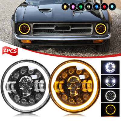 For Ford Mustang 1964-1973 7'' inch Round LED Headlights RGB Skull Halo DRL Hi/Lo