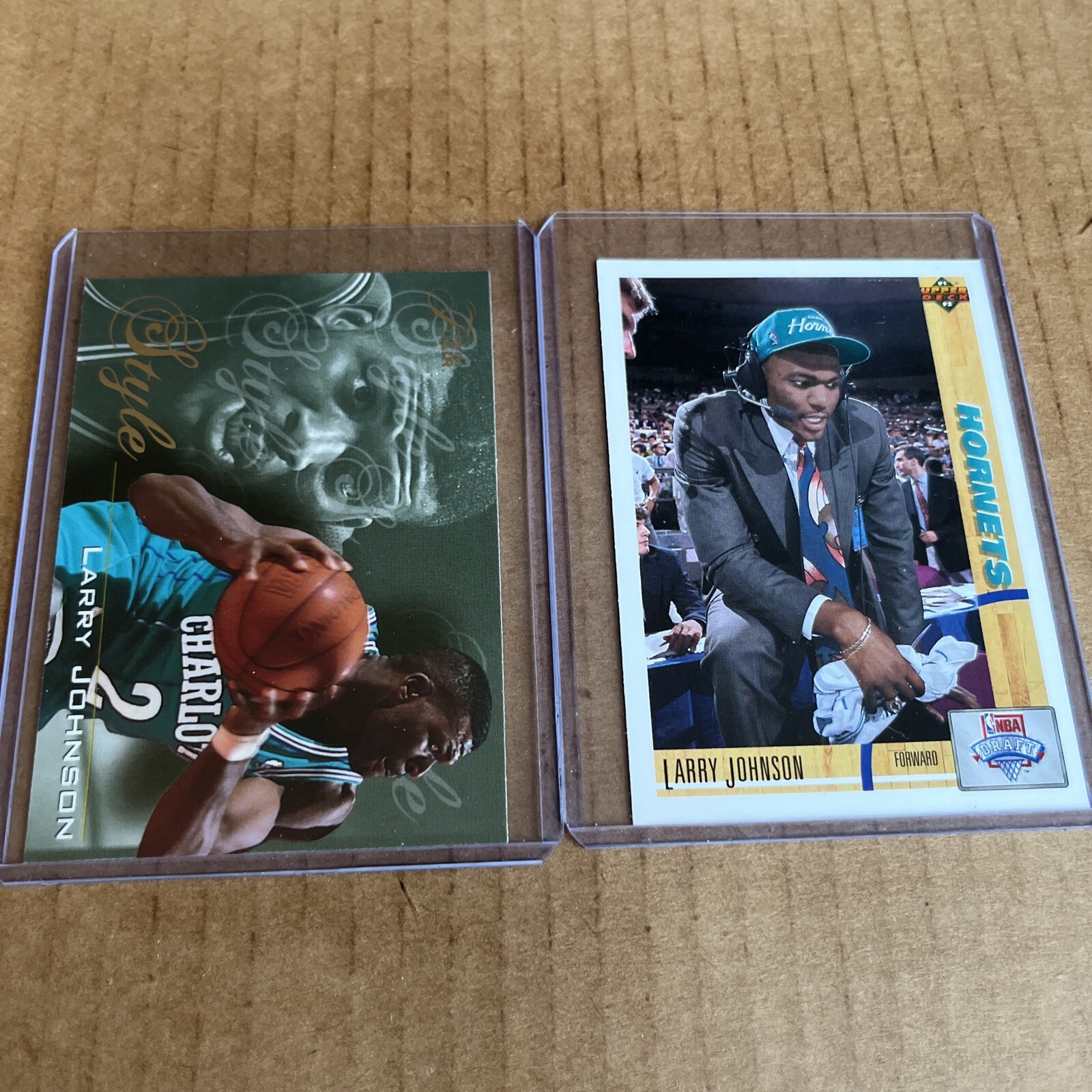 LARRY JOHNSON 1991 Upper Deck RC #2 & 1996 Flair STYLE #234 Hornets Cards (q)