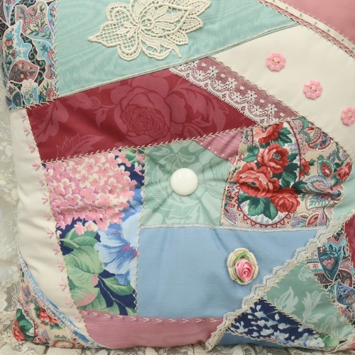 Vintage Crazy Quilt Patchwork Throw Pillow Lace Trim Cottagecore Blue Pink Green - Picture 3 of 5