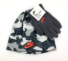 Nike Boys Size 8-20 Printed Camo Smoke Grey Warm Winter Beanie Gloves Set