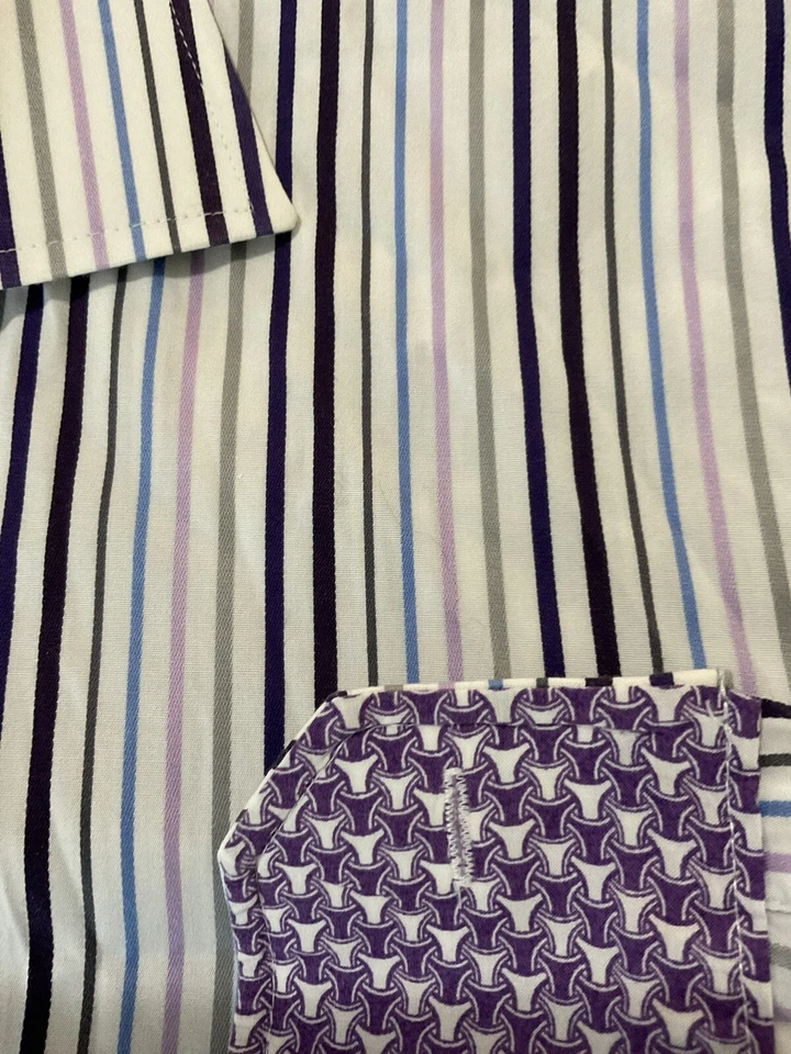 Tallia Multi-Color Purple Striped L/S Contrast Cuff Mens Shirt Sz XL - 17.5 - Image 3 of 4