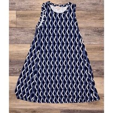 LOFT Blues & White Geo Diamond Print Sleeveless Casual A-Lin Dress, M