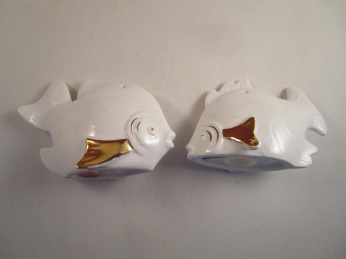 Vintage Bone China Taiwan Weißfisch Goldflossen Paar Salz & Pfefferstreuer - Bild 4 von 7
