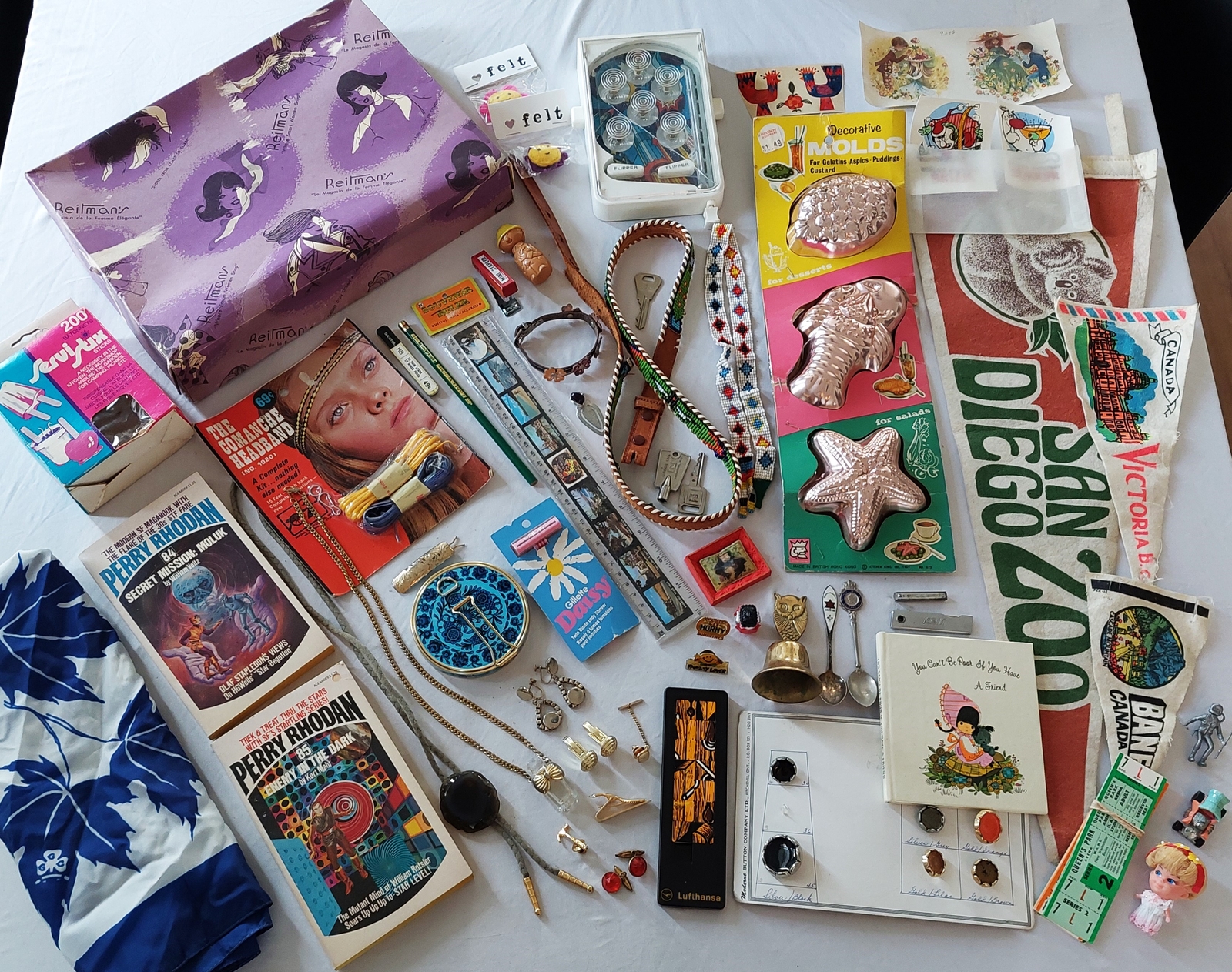 Vtg 60s 70s Junk Drawer Lot NOS NIP Hippie Pinball Jewelry Pennant