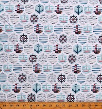 Cotton Maritime Nautical Aqua Beach Ocean White Fabric Print by Yard D580.69