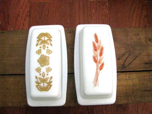 Vintage Pyrex Covered Butter Dishes Golden Butterfly & Autum Harvest Wheat