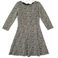 LOFT Skater Knit Dress 12 Black White Rose Floral Fit Flare Long Sleeve