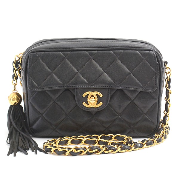 Chanel Black Lambskin Matelassé Fringe Chain Shoulder Bag #025