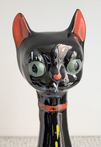 50s 60s Vintage Retro Kitsch Long Neck Black Cat Figure Ornament Hand Painted - Picture 4 of 17