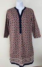 TALBOTS Navy/Red Cotton Medallion Print 3/4 Sleeve Shirt Dress Sz 12P