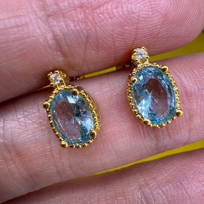 925 Sterling Silver Earrings 7x5mm Natural Topaz Gemstone Zircon 14K Gold Plated