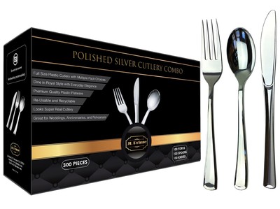 300 Piece Silver Plastic Silverware Set - Reusable & Recyclable - Silver Plas...