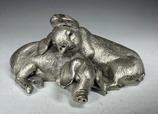 Italian Peltro Pewter Pig Piglets Sculpture Very Heavy Signed