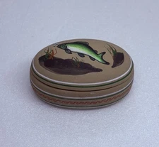 Vintage Tonala Mexican Pottery Trinket Box Painted Trout Fish Art Decor Oval 20