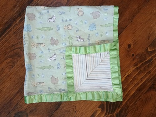 Just Born Baby Blanket Safari Animals Reversible Flannel Green Satin Edging