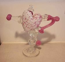 10.5" Pink & White Signed Paul Allen Counts Heart Shaped Art Glass Teapot