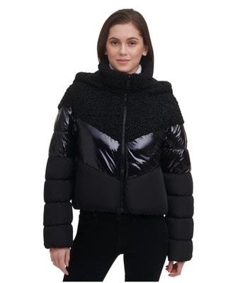 DKNY Womens Mixed Media Hooded Cropped Puffer Jacket, Black, X-Large