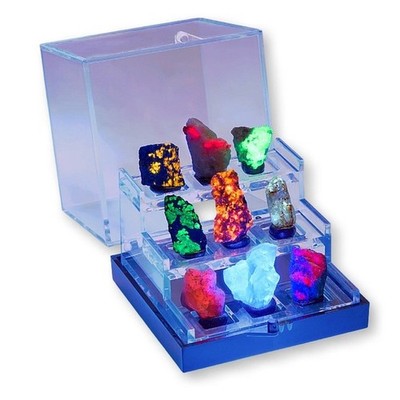 9er Set Phosphoreszierende Mineralien - inkl. Vitrine 3,5 cm
