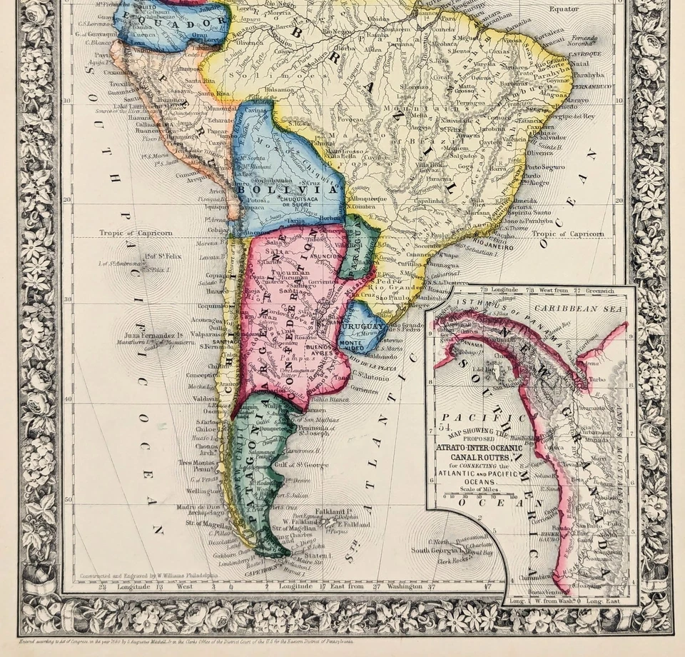 1864 SOUTH AMERICA Map ORIGINAL (13.5X10.5) MITCHELL - BRAZIL - PATAGONIA - Image 3 of 4