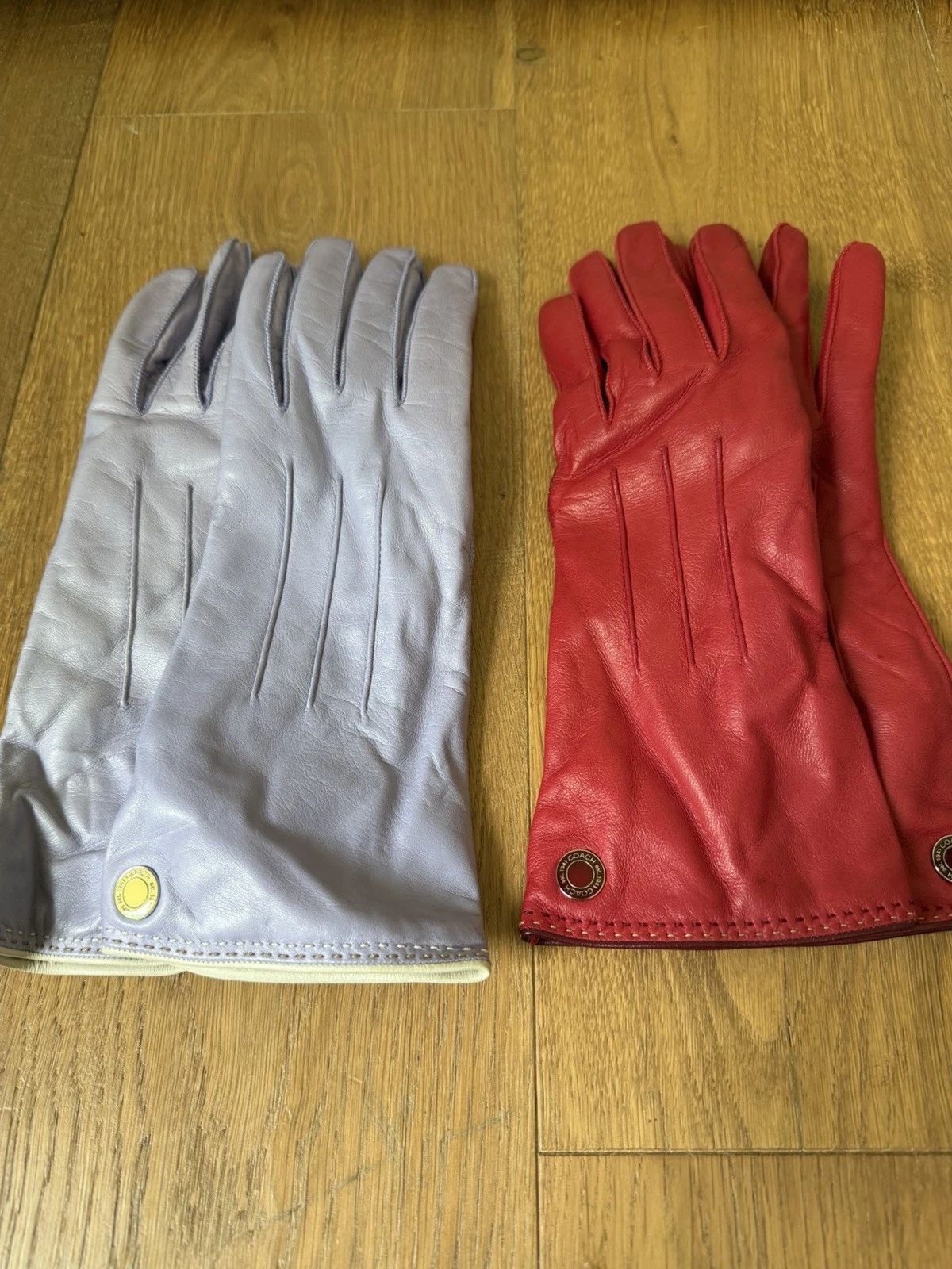 2 Pair Coach Cashmere Lined Leather Gloves - Women’s 7 (red) & 7.5 (periwinkle)
