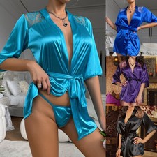 Spitze Damen Satin Reizwäsche Robe Dessous Babydoll Kimono Negligee Nachtkleid