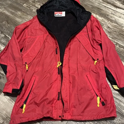 VINTAGE Marlboro Adventure Team Jacket Large Red Windbreaker Rain Hood See Pics video thumbnail